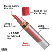 Pentel 0.5mm red refill lead tube with feature callouts and Canadian shipping info.