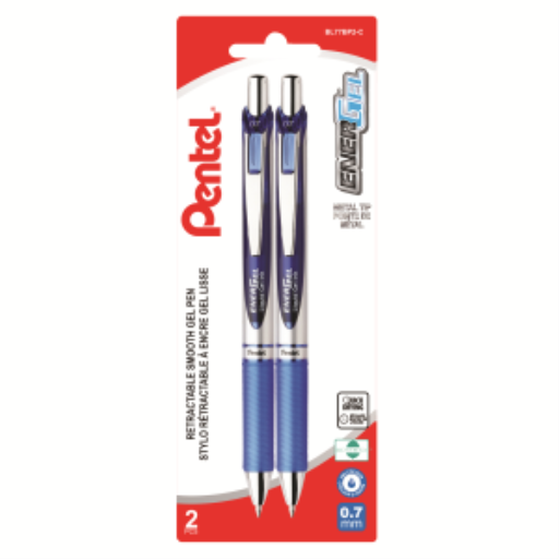 Stylo gel rétractable EnerGel Pentel — 0,7 mm, encre bleue, paquet de 2