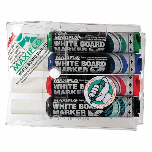 Marqueurs pour tableau blanc Pentel Maxiflo — pointe biseautée, paquet de 4 couleurs