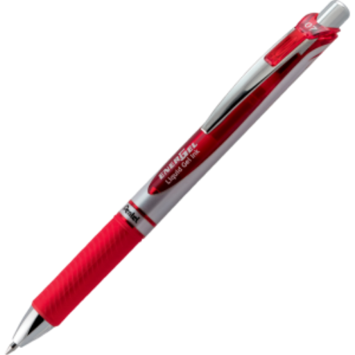Stylo gel rétractable Pentel EnerGel 0,7 mm pointe métal — encre rouge