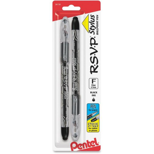 Stylo à bille avec embout tactile Pentel R.S.V.P. Stylus — 0,7 mm, encre noire, paquet de 2