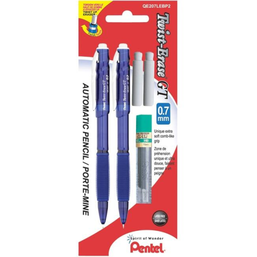 Porte-mines Pentel Twist-Erase GT — 0,7 mm, couleurs assorties, paquet de 2 avec mines et gomme de rechange