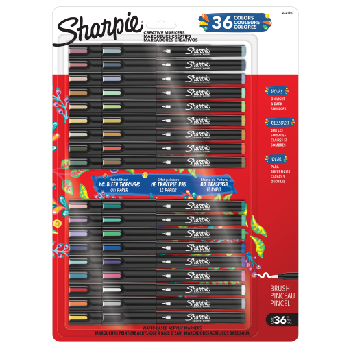Marqueurs peinture acrylique Sharpie Creative — pointe pinceau, couleurs assorties, 36 unités