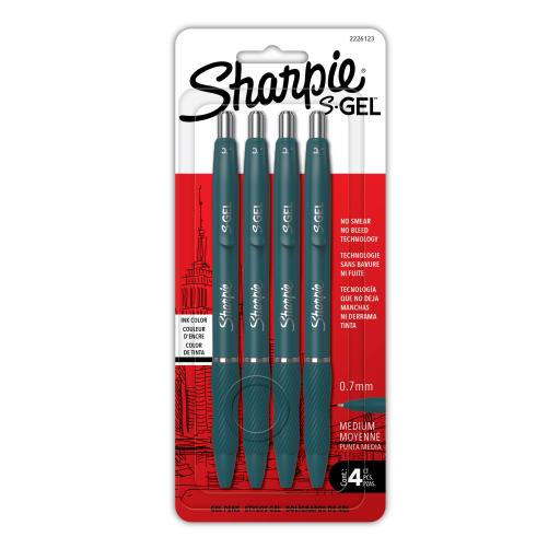 Stylos gel Sharpie S-Gel — pointe moyenne 0,7 mm, baril Teal Crush, encre noire, paquet de 4