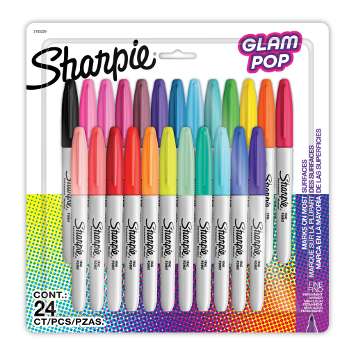 Marqueurs permanents Sharpie Glam Pop — pointe fine, couleurs assorties, 24 unités