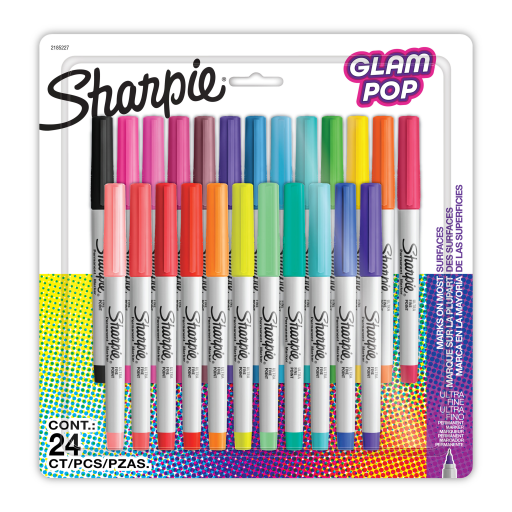 Marqueurs permanents Sharpie Glam Pop — pointe ultrafine, couleurs assorties, 24 unités
