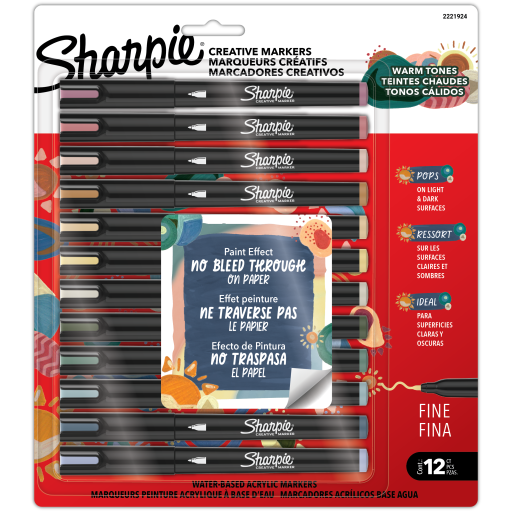Marqueurs acryliques à base d’eau Sharpie Creative — tons chauds, pointe fine, couleurs assorties, paquet de 12