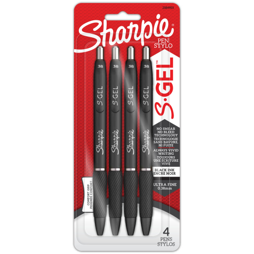 Stylos gel Sharpie S-Gel — pointe ultra fine, 0,38 mm, noir, paquet de 4