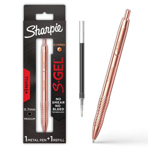 Stylo gel Sharpie S-Gel à corps métallique cuivré — pointe moyenne, 0,7 mm, noir, avec recharge