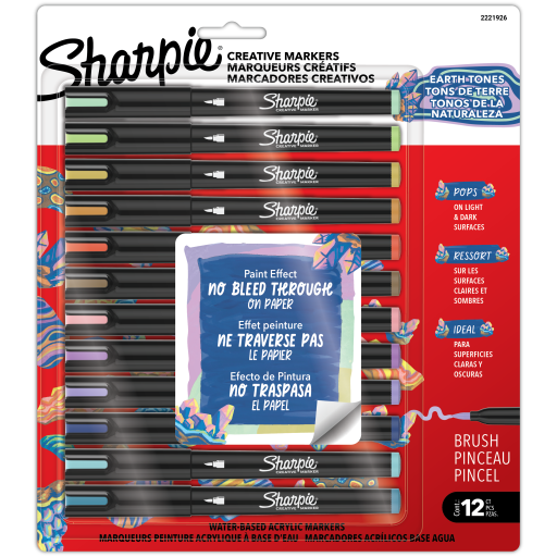 Marqueurs acryliques à base d’eau Sharpie Creative — tons terre, pointe pinceau, couleurs assorties, paquet de 12