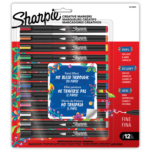 Marqueurs acryliques à base d’eau Sharpie Creative — pointe fine, couleurs assorties, paquet de 12