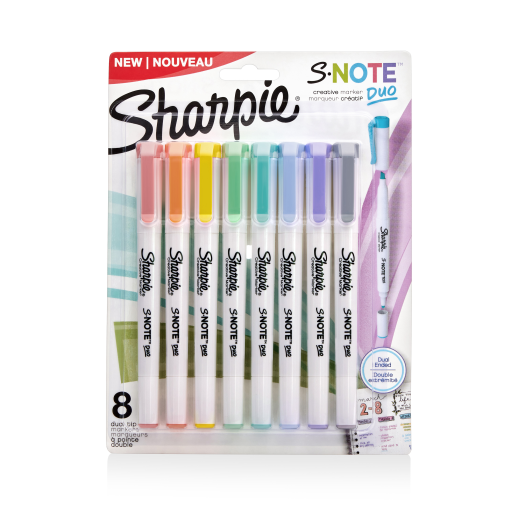 Surligneurs créatifs Sharpie S-Note Duo — double pointe fine et biseautée, couleurs assorties, paquet de 8