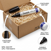 Black Sharpie Bold Point oil-based paint marker packed securely in a box with protective shred.