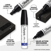 Sharpie Bold Point Black Oil-Based Paint Marker features: chisel tip, opaque ink, and valve-action.