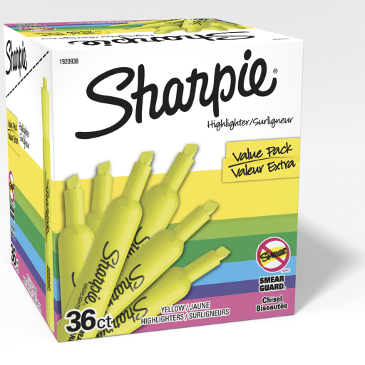 Surligneurs Sharpie Tank — pointe biseautée, jaune, paquet de 36