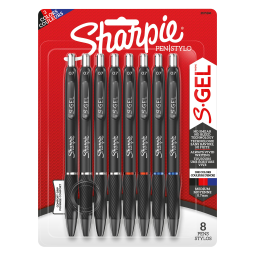 Stylos gel Sharpie S-Gel — pointe moyenne, 0,7 mm, couleurs assorties, paquet de 8