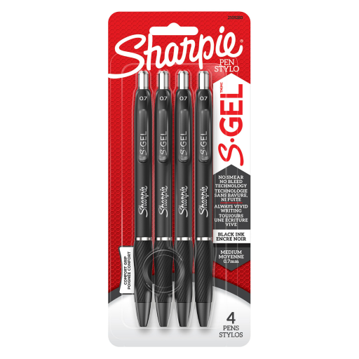Stylos gel Sharpie S-Gel — pointe moyenne, 0,7 mm, noir, paquet de 4