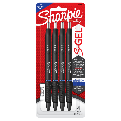 Stylos gel Sharpie S-Gel — pointe moyenne, 0,7 mm, bleu, paquet de 4