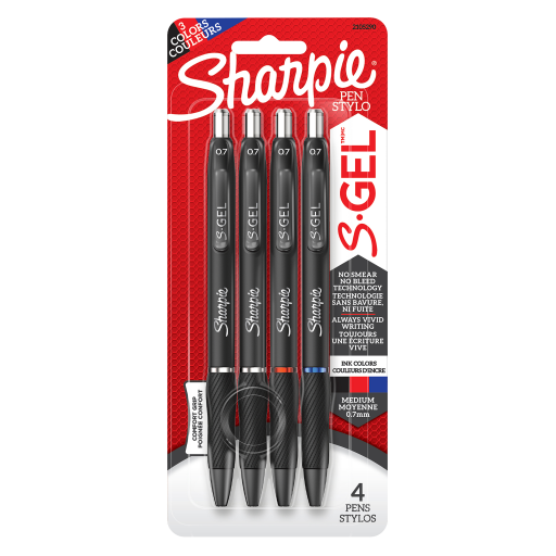 Stylos gel Sharpie S-Gel — pointe moyenne, 0,7 mm, couleurs assorties, paquet de 4
