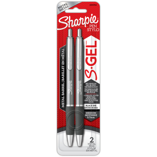 Stylos gel Sharpie S-Gel à corps métallique — corps gris acier, pointe moyenne, 0,7 mm, noir, paquet de 2
