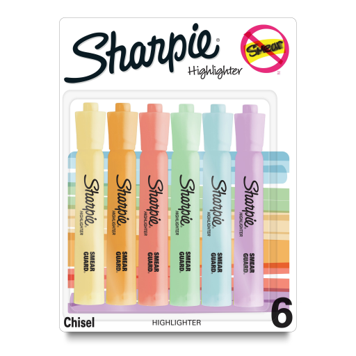 Surligneurs Sharpie Tank — pointe biseautée, couleurs pastel douces, paquet de 6