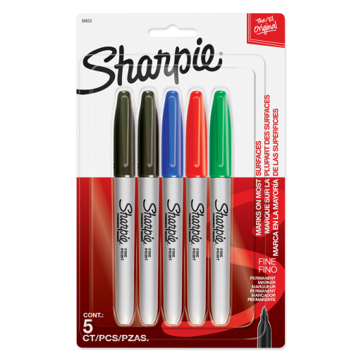 Marqueurs permanents Sharpie — pointe fine, couleurs assorties, paquet de 5