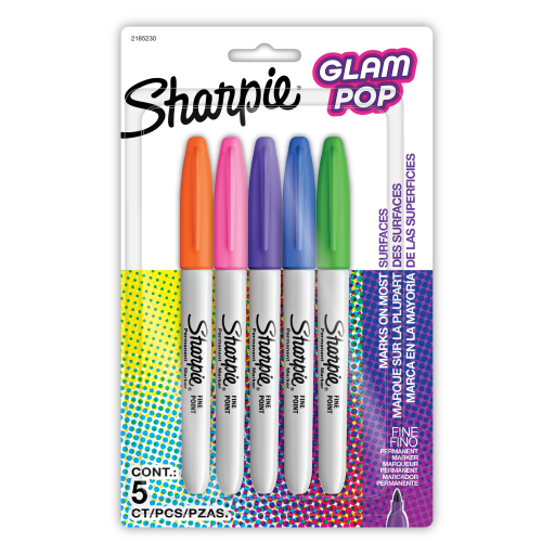 Marqueurs permanents Sharpie — collection Glam Pop, pointe fine, couleurs assorties, paquet de 5