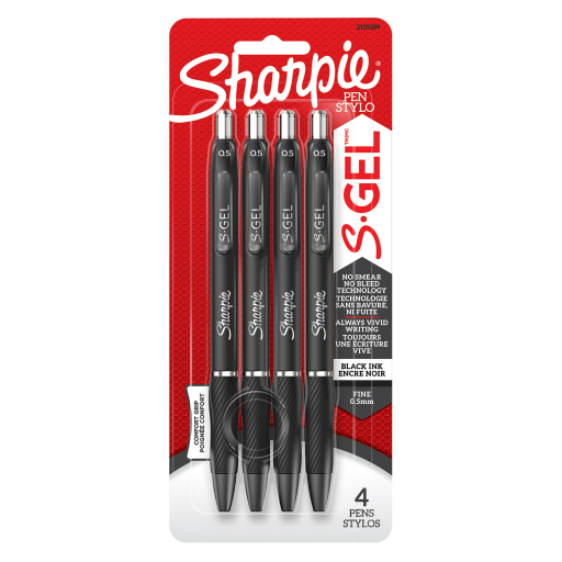 Stylos gel Sharpie S-Gel — pointe fine 0,5 mm, encre noire, paquet de 4