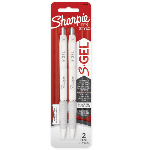 Stylos gel Sharpie S-Gel — corps blanc nacré, pointe moyenne 0,7 mm, encre noire, paquet de 2