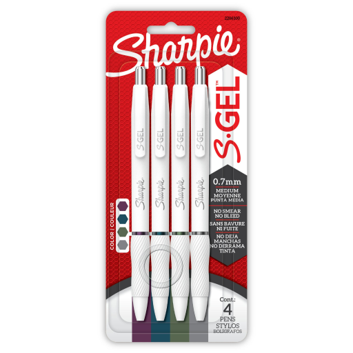 Stylos gel Sharpie S-Gel — corps blanc nacré, pointe moyenne 0,7 mm, couleurs assorties, paquet de 4