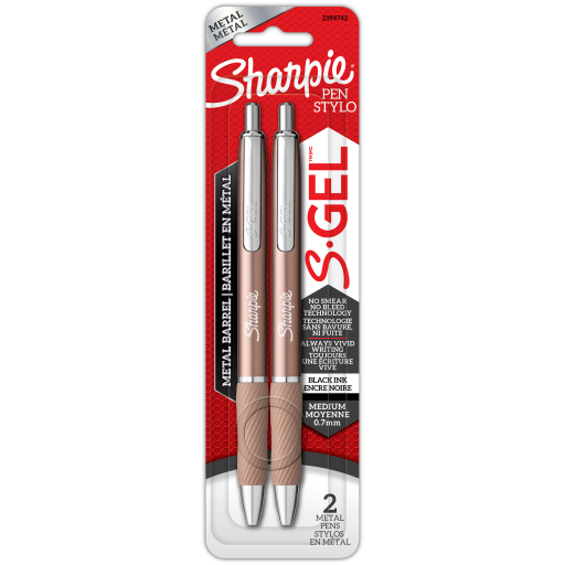 Stylos gel Sharpie S-Gel — corps métallique champagne, pointe moyenne 0,7 mm, encre noire, paquet de 2