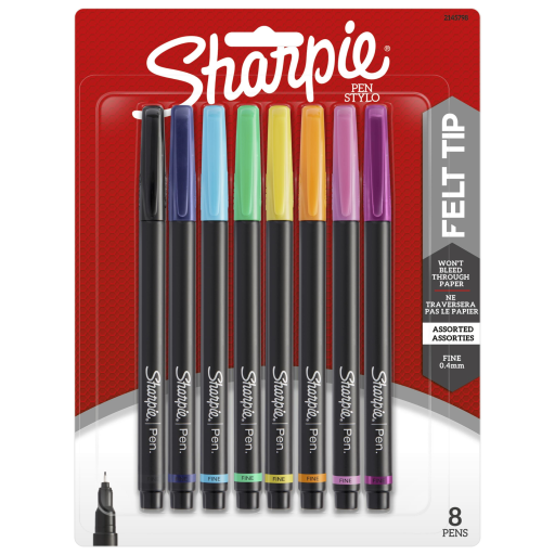 Stylos feutres Sharpie — pointe fine 0,4 mm, couleurs assorties, paquet de 8