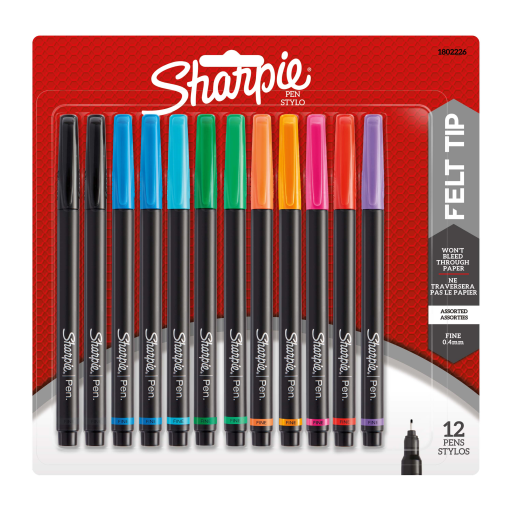 Stylos feutres Sharpie — pointe fine 0,4 mm, couleurs assorties, paquet de 12