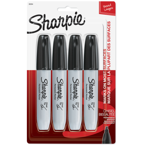 Marqueurs permanents Sharpie — pointe biseautée, noir, paquet de 4