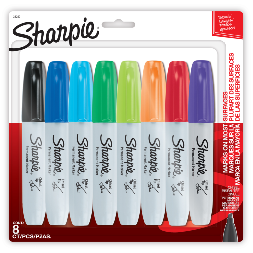 Marqueurs permanents Sharpie — pointe biseautée, couleurs assorties, paquet de 8