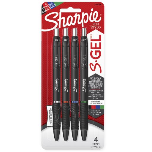 Stylos gel Sharpie S-Gel — pointe moyenne 0,7 mm, couleurs assorties, paquet de 4