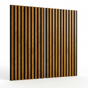 High-resolution hero shot of vertical whiskey wood slatted acoustic wall panels on a pure white background.