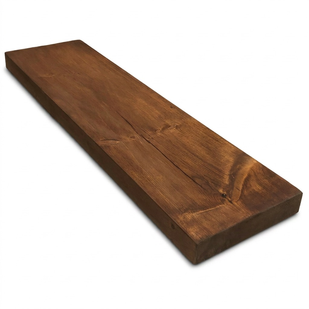 Solid wood shelf, 36x8x2 inches, in whiskey brown, floating on a pure white background.