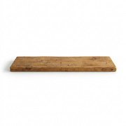 A high-resolution ecommerce product shot of a honey-stained solid wood shelf against a pure white background.