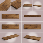 An 8-image matrix showcasing a solid wood shelf (Medium Walnut finish) from multiple angles and under varying spotlights, including isometric, front, end, and texture views.