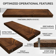 An overview infographic of the solid wood shelf, with callout lines highlighting its 48-inch functional length, robust 2-inch thickness, and 10-inch usable depth, translating each technical specification into a clear, factual customer benefit.