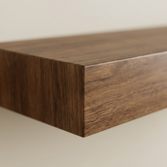 A macro photograph focusing on the front corner showing the walnut wood grain texture.