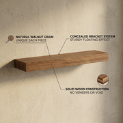 Feature infographic for the Solid Wood Shelf showing natural wood texture, 36" length, and depth.