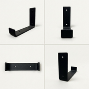 A functional product matrix shows a single black J-style shelf bracket from four practical, complementary viewpoints.