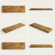A grid showing six views of the rustic wood shelf from top, bottom, front, and three angles.