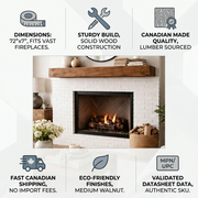 Infographic matrix for an authentic 72x7 walnut mantel, displaying Canadian origin and fast, reliable shipping.