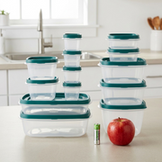 AA battery and apple provide scale for deep green teal Rubbermaid storage set.