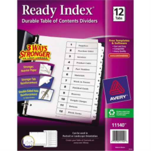 Séparateurs Avery Ready Index® — 12 onglets, 1 ensemble, laser/jet d’encre (11140)
