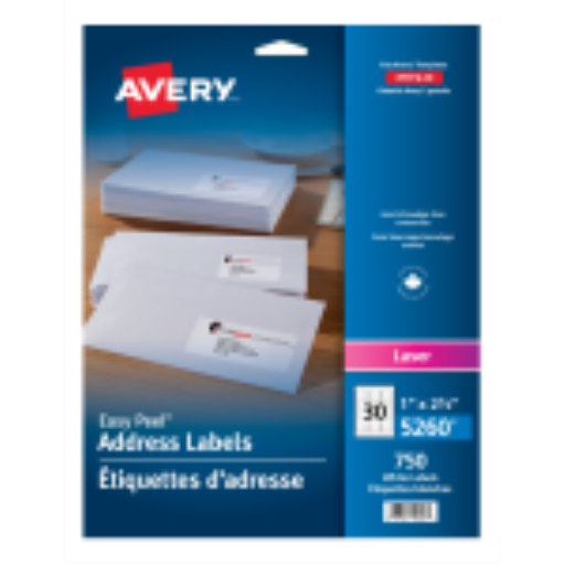 Étiquettes Avery — 2 5/8 x 1 po, 25 feuilles, permanent, blanc (5260)