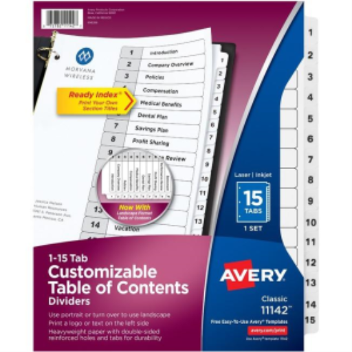 Séparateurs Avery Ready Index® — 15 onglets, 1 ensemble, laser/jet d’encre (11142)